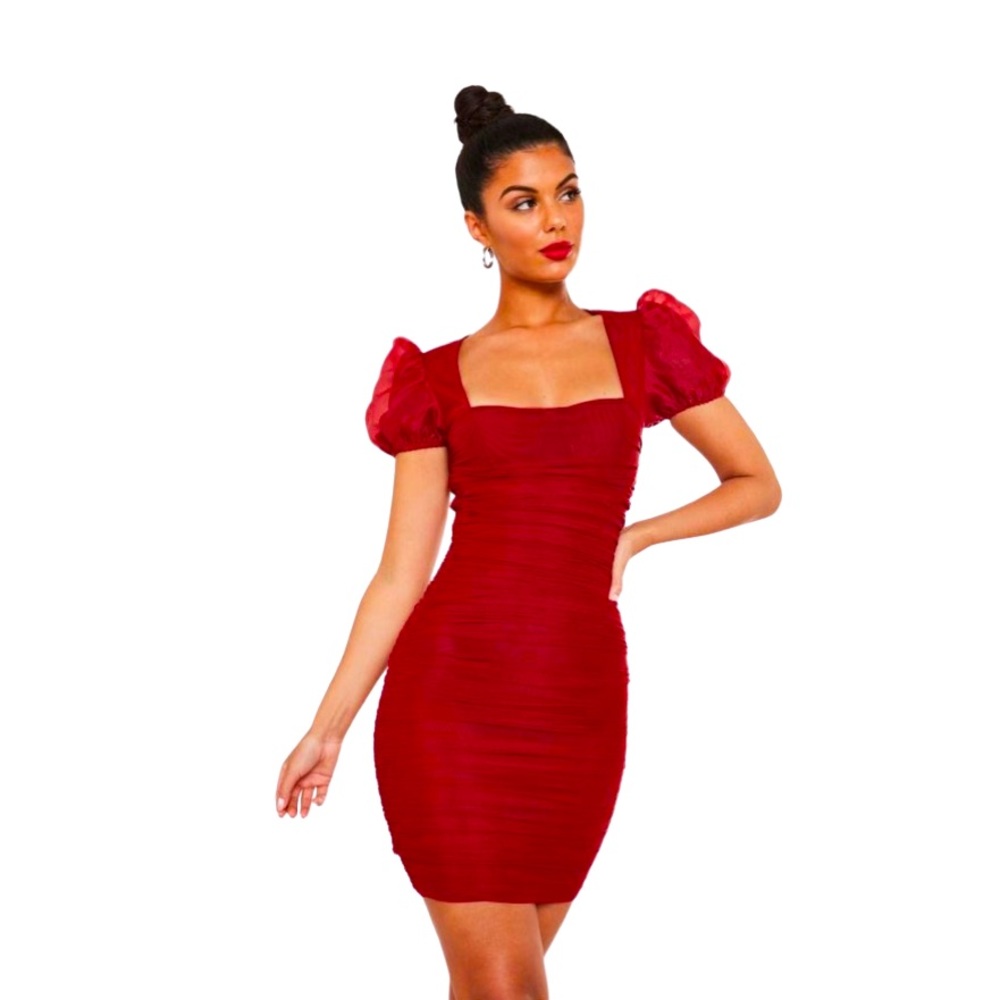 Petite Red Mesh Ruched Puff Sleeve Mini Dress, US Size 4P